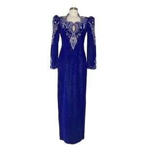 Vintage 1980s Cache Dress Women Size 6 Blue Silver Beaded Puff Sleeve Sequins